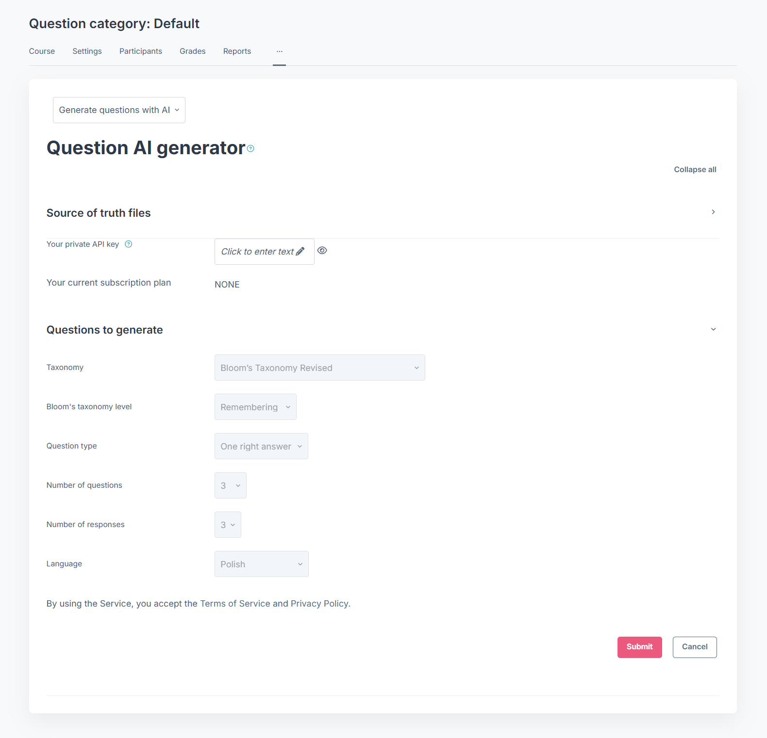 Wywołanie AI Quiz Generatora w banku pytań w kursie